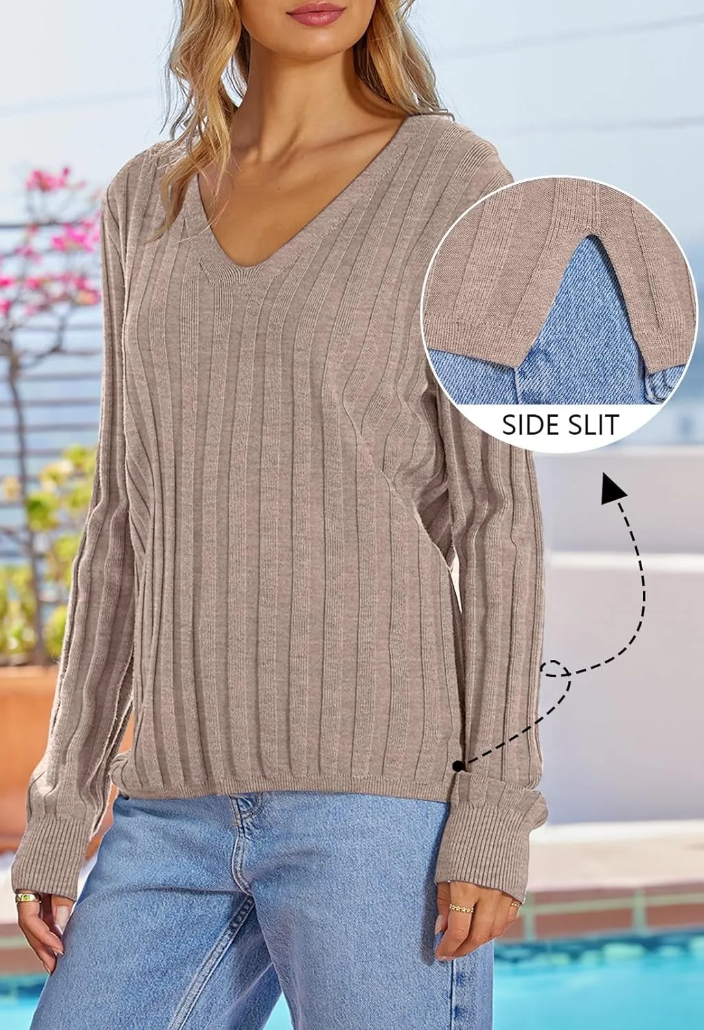 MEROKEETY Women's 2024 Fall V Neck Sweater Long Sleeve Ribbed Knit Casual Slim Fitted Pullover Top
