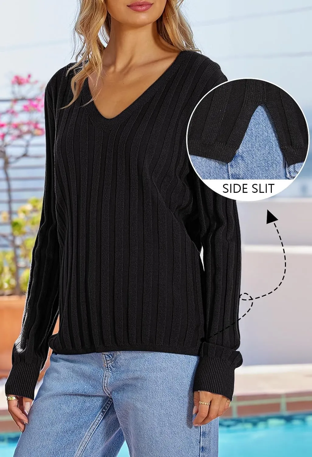 MEROKEETY Women's 2024 Fall V Neck Sweater Long Sleeve Ribbed Knit Casual Slim Fitted Pullover Top