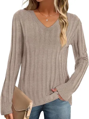 MEROKEETY Women's 2024 Fall V Neck Sweater Long Sleeve Ribbed Knit Casual Slim Fitted Pullover Top