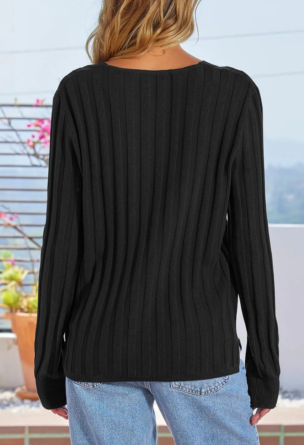 MEROKEETY Women's 2024 Fall V Neck Sweater Long Sleeve Ribbed Knit Casual Slim Fitted Pullover Top
