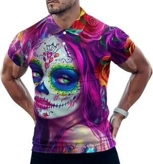 Mexican Day of The Dead Women Slim Fit Men's Short Sleeve Polo Shirts Quick-Dry Breathable Golf T-Shirt Tops