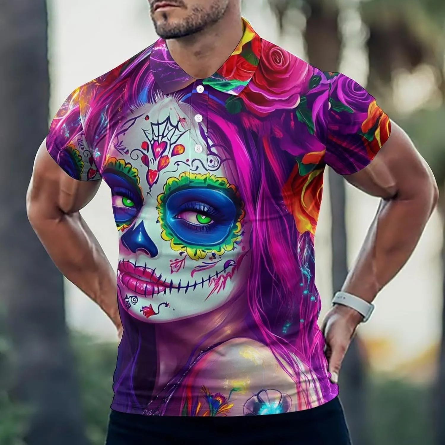 Mexican Day of The Dead Women Slim Fit Men's Short Sleeve Polo Shirts Quick-Dry Breathable Golf T-Shirt Tops