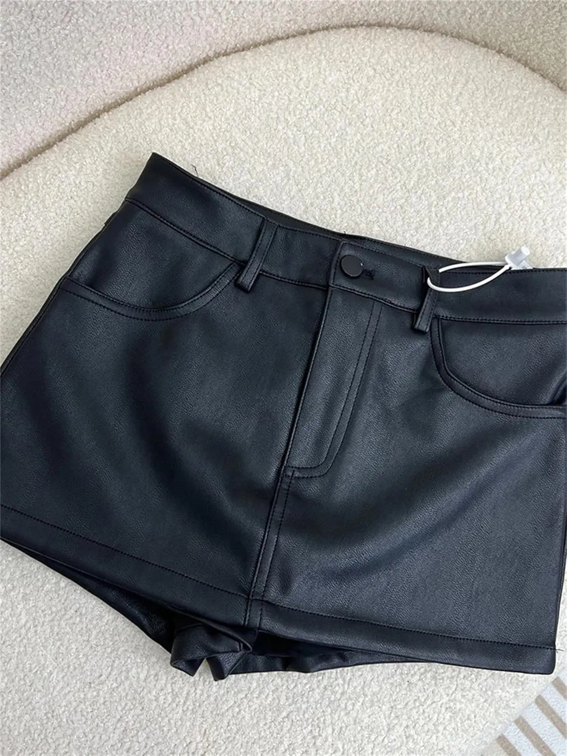 Mnjyihy Women Black Short Sexy Soft Mini Faux Leather Skirt Basic High Waisted Short Pencil Skirt with Pockets