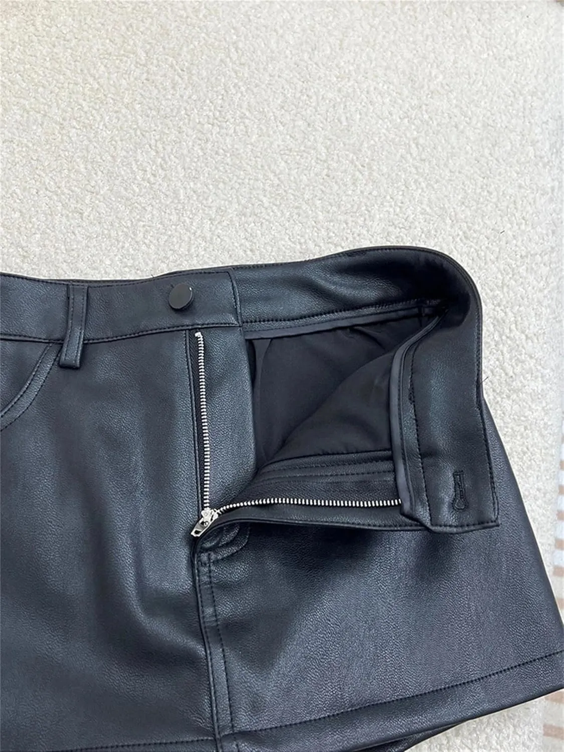 Mnjyihy Women Black Short Sexy Soft Mini Faux Leather Skirt Basic High Waisted Short Pencil Skirt with Pockets