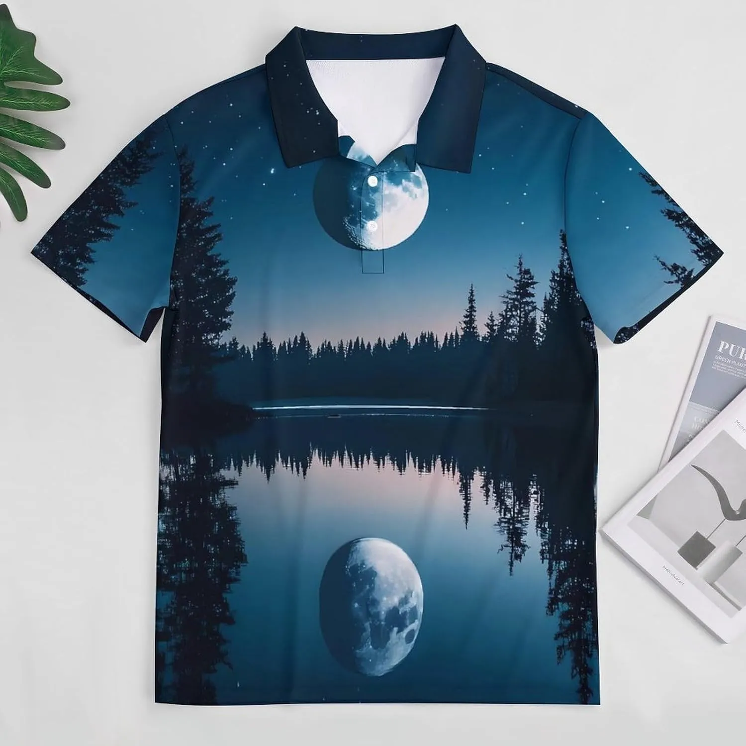 Moon Lake Night Slim Fit Men's Short Sleeve Polo Shirts Quick-Dry Breathable Golf T-Shirt Tops