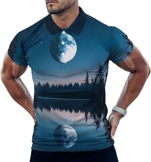 Moon Lake Night Slim Fit Men's Short Sleeve Polo Shirts Quick-Dry Breathable Golf T-Shirt Tops
