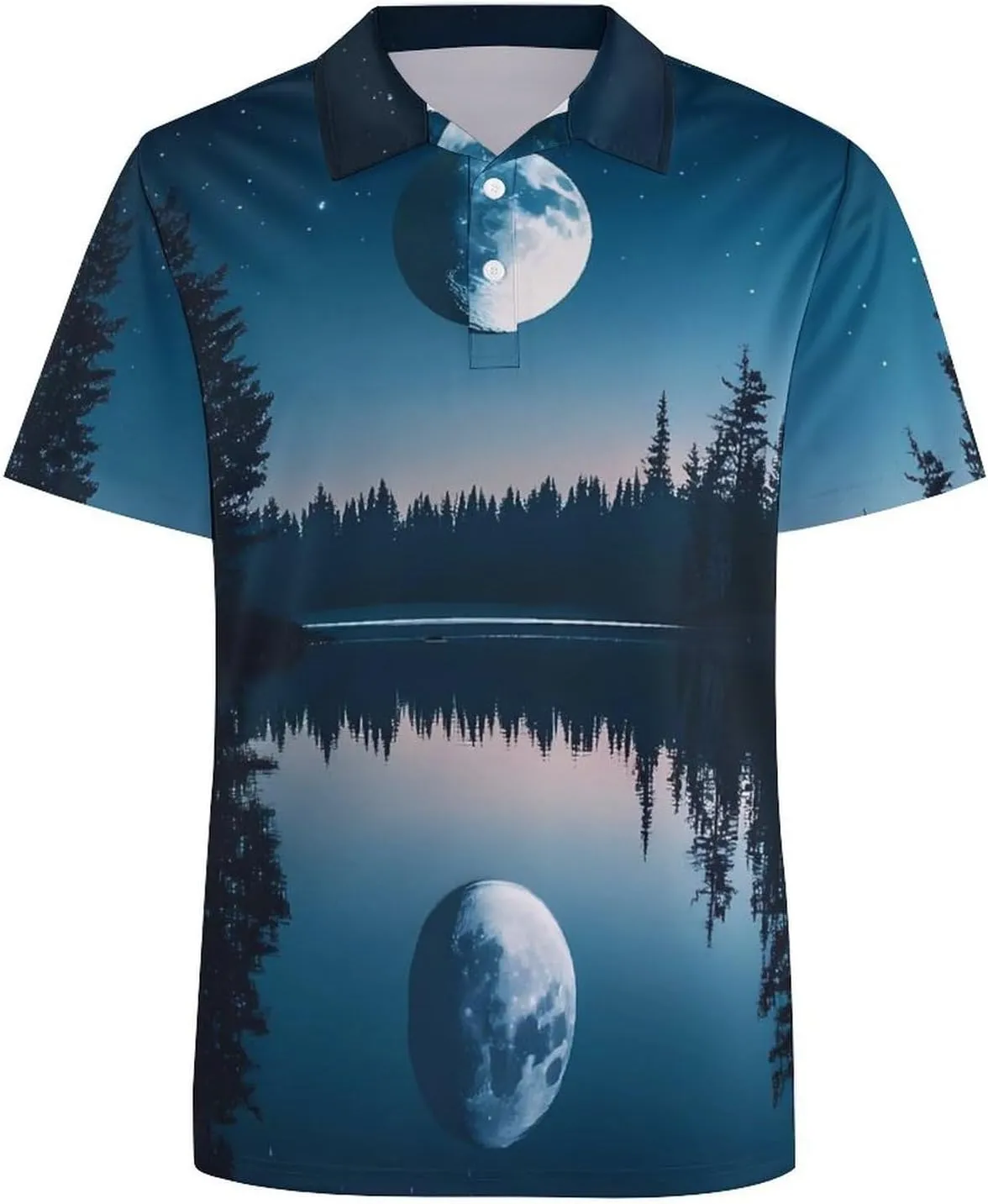 Moon Lake Night Slim Fit Men's Short Sleeve Polo Shirts Quick-Dry Breathable Golf T-Shirt Tops