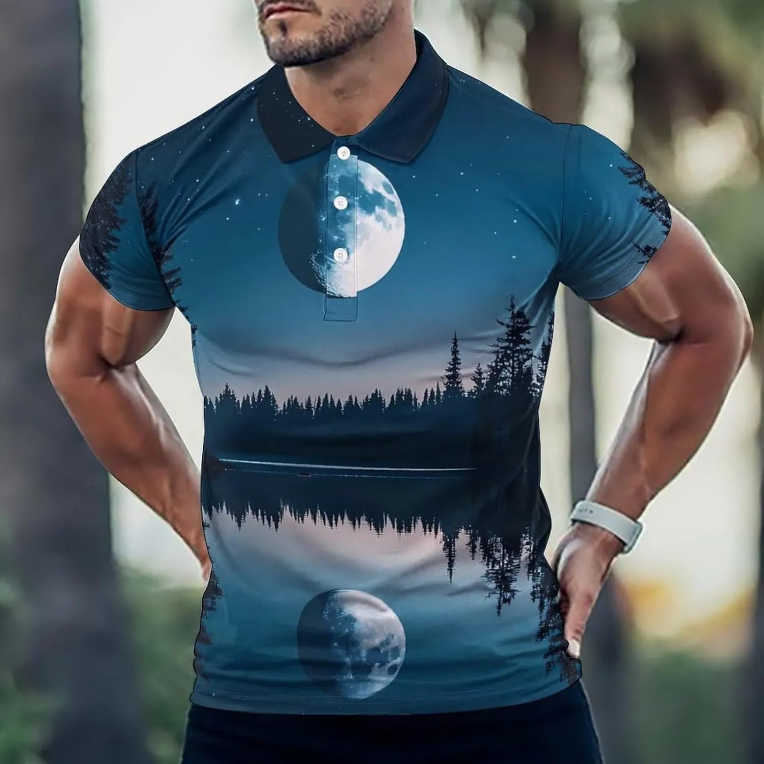 Moon Lake Night Slim Fit Men's Short Sleeve Polo Shirts Quick-Dry Breathable Golf T-Shirt Tops