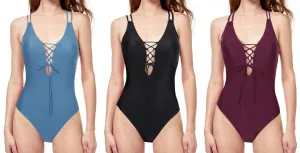 MS-1PH23 - Wholesale Women's Plunge Lace-Up One-Piece Swimsuit