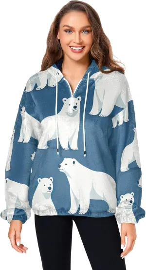 Nander White Polar Bear Womens Oversized Hoodies Sweatshirts Fuzzy Fleece Pullover Fluffy Outerwear