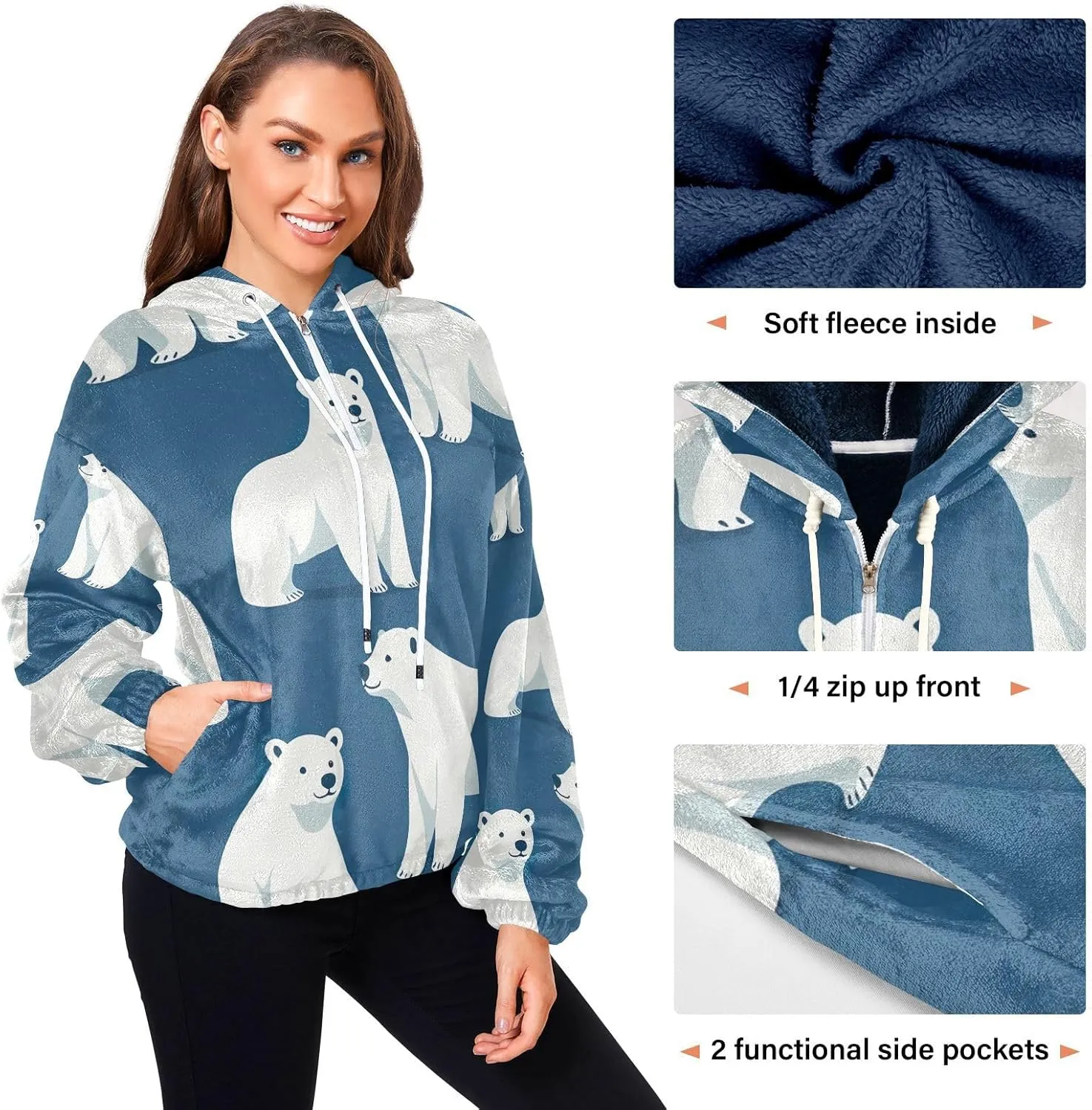 Nander White Polar Bear Womens Oversized Hoodies Sweatshirts Fuzzy Fleece Pullover Fluffy Outerwear