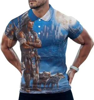 Native U.S. Indian Man Wolf Castle Slim Fit Men's Short Sleeve Polo Shirts Quick-Dry Breathable Golf T-Shirt Tops