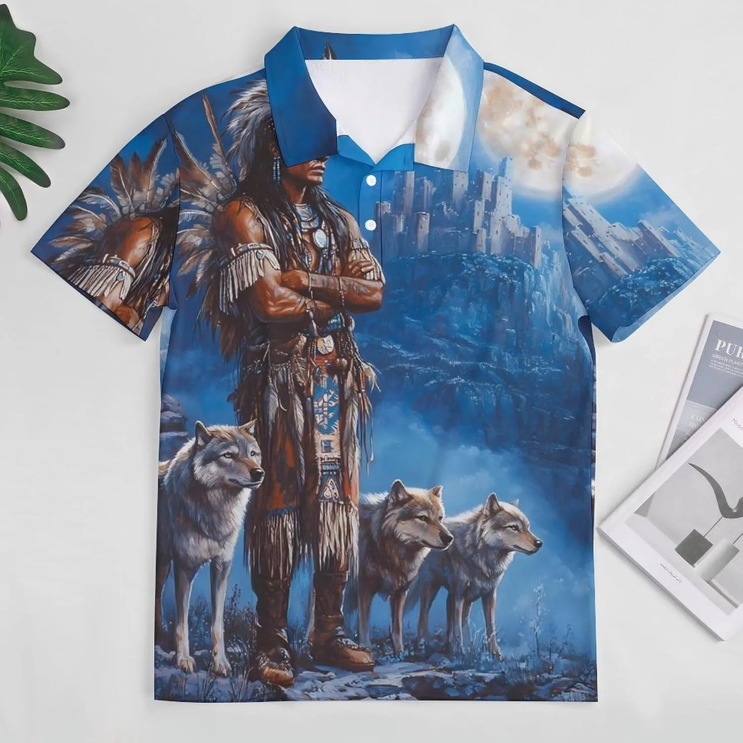 Native U.S. Indian Man Wolf Castle Slim Fit Men's Short Sleeve Polo Shirts Quick-Dry Breathable Golf T-Shirt Tops