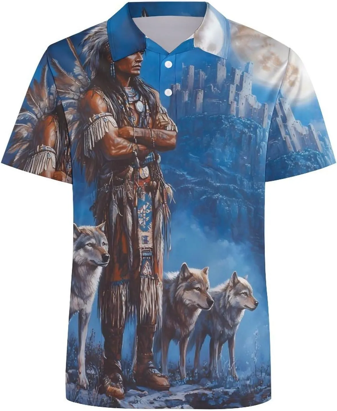 Native U.S. Indian Man Wolf Castle Slim Fit Men's Short Sleeve Polo Shirts Quick-Dry Breathable Golf T-Shirt Tops