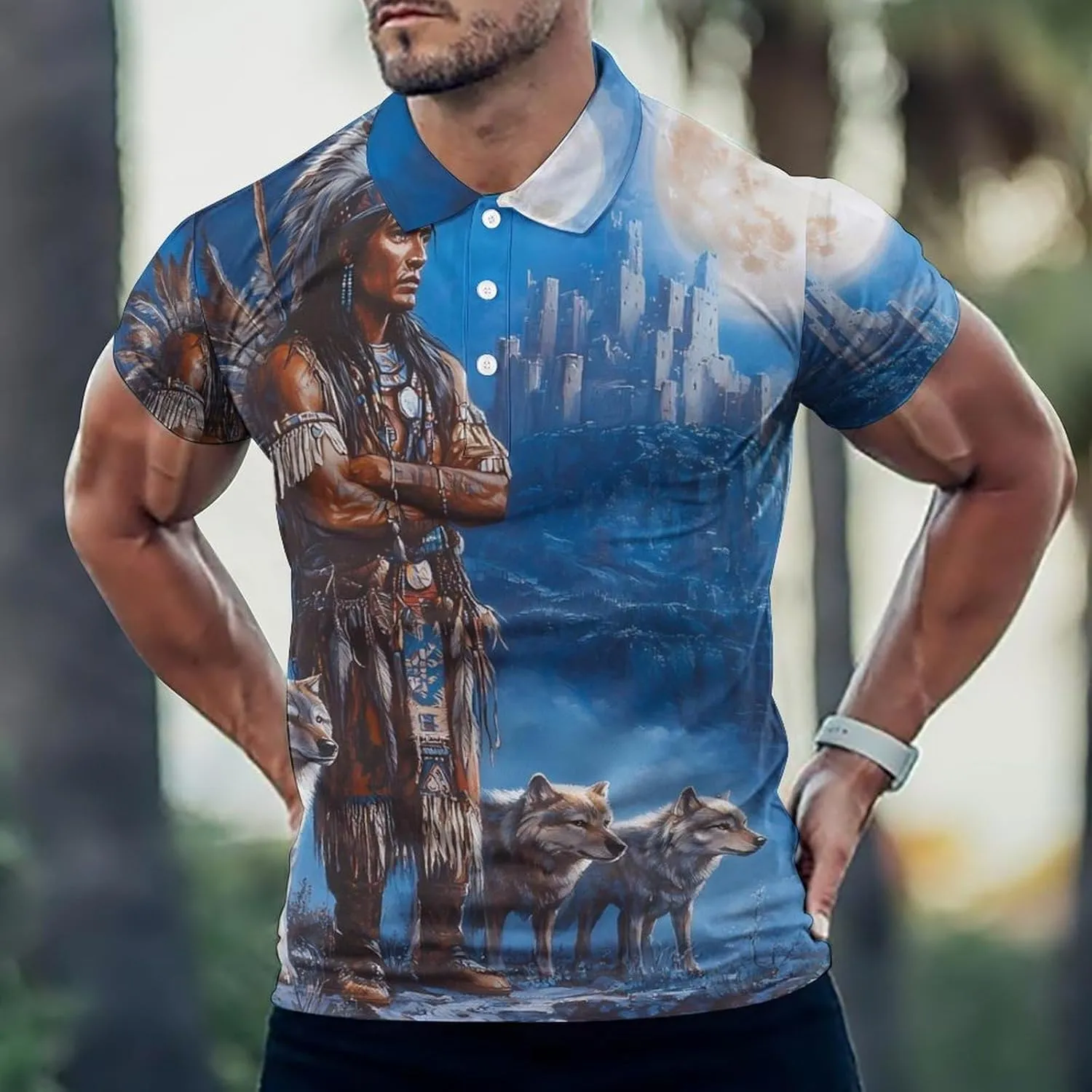 Native U.S. Indian Man Wolf Castle Slim Fit Men's Short Sleeve Polo Shirts Quick-Dry Breathable Golf T-Shirt Tops