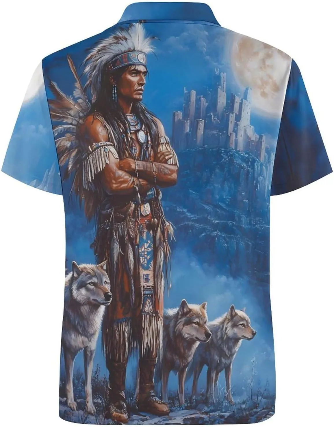 Native U.S. Indian Man Wolf Castle Slim Fit Men's Short Sleeve Polo Shirts Quick-Dry Breathable Golf T-Shirt Tops
