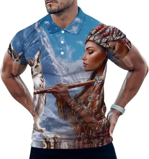 Native U.S. Indian Woman Flute Music Owl Slim Fit Men's Short Sleeve Polo Shirts Quick-Dry Breathable Golf T-Shirt Tops