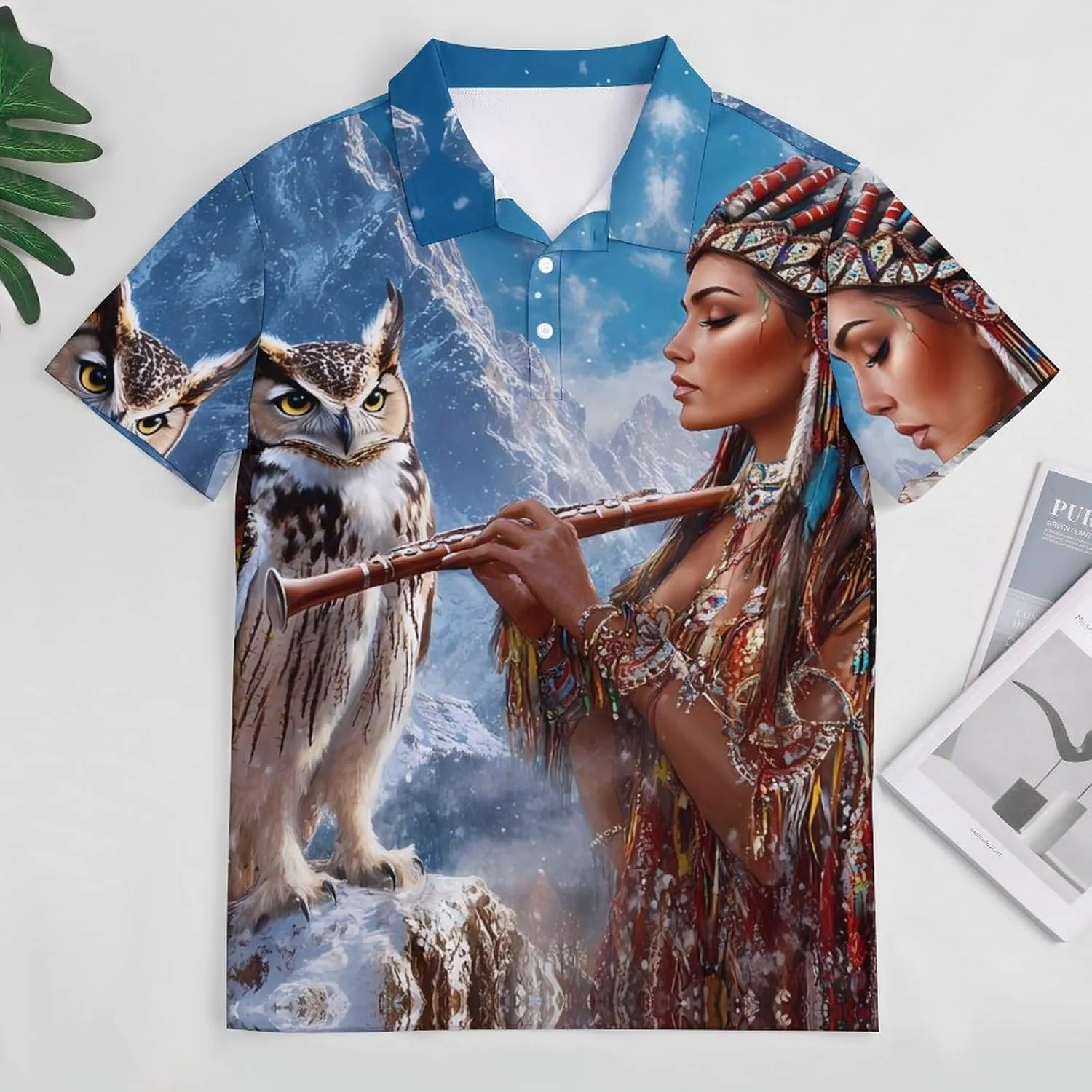 Native U.S. Indian Woman Flute Music Owl Slim Fit Men's Short Sleeve Polo Shirts Quick-Dry Breathable Golf T-Shirt Tops