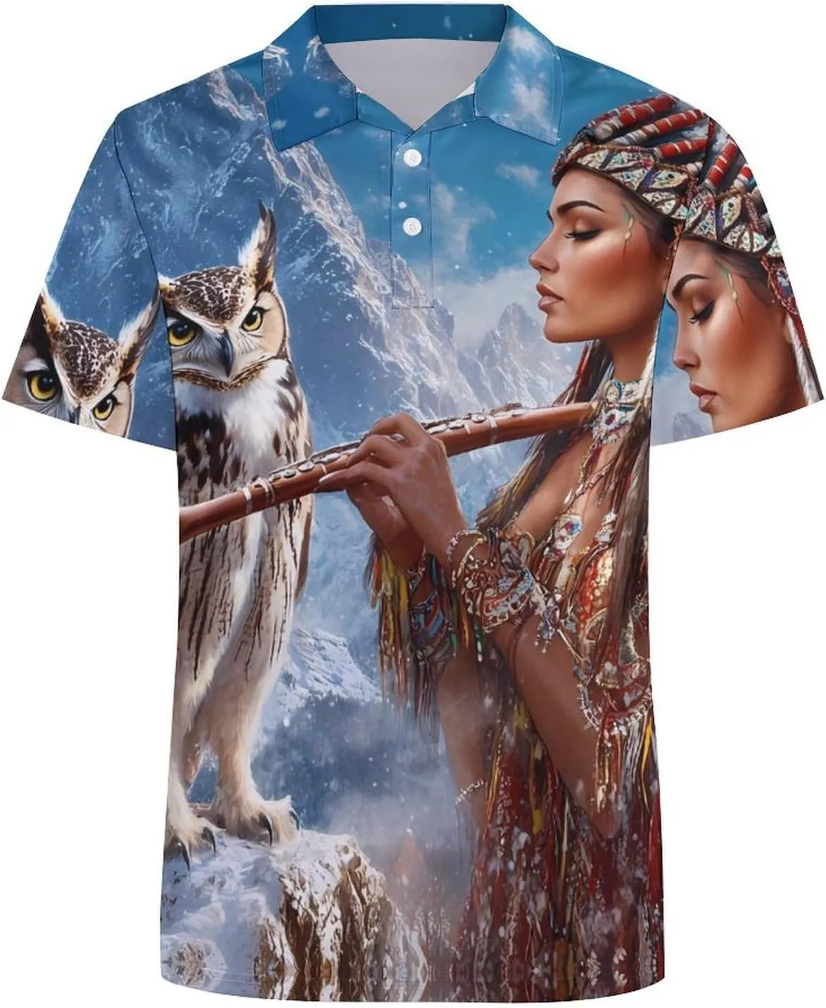 Native U.S. Indian Woman Flute Music Owl Slim Fit Men's Short Sleeve Polo Shirts Quick-Dry Breathable Golf T-Shirt Tops