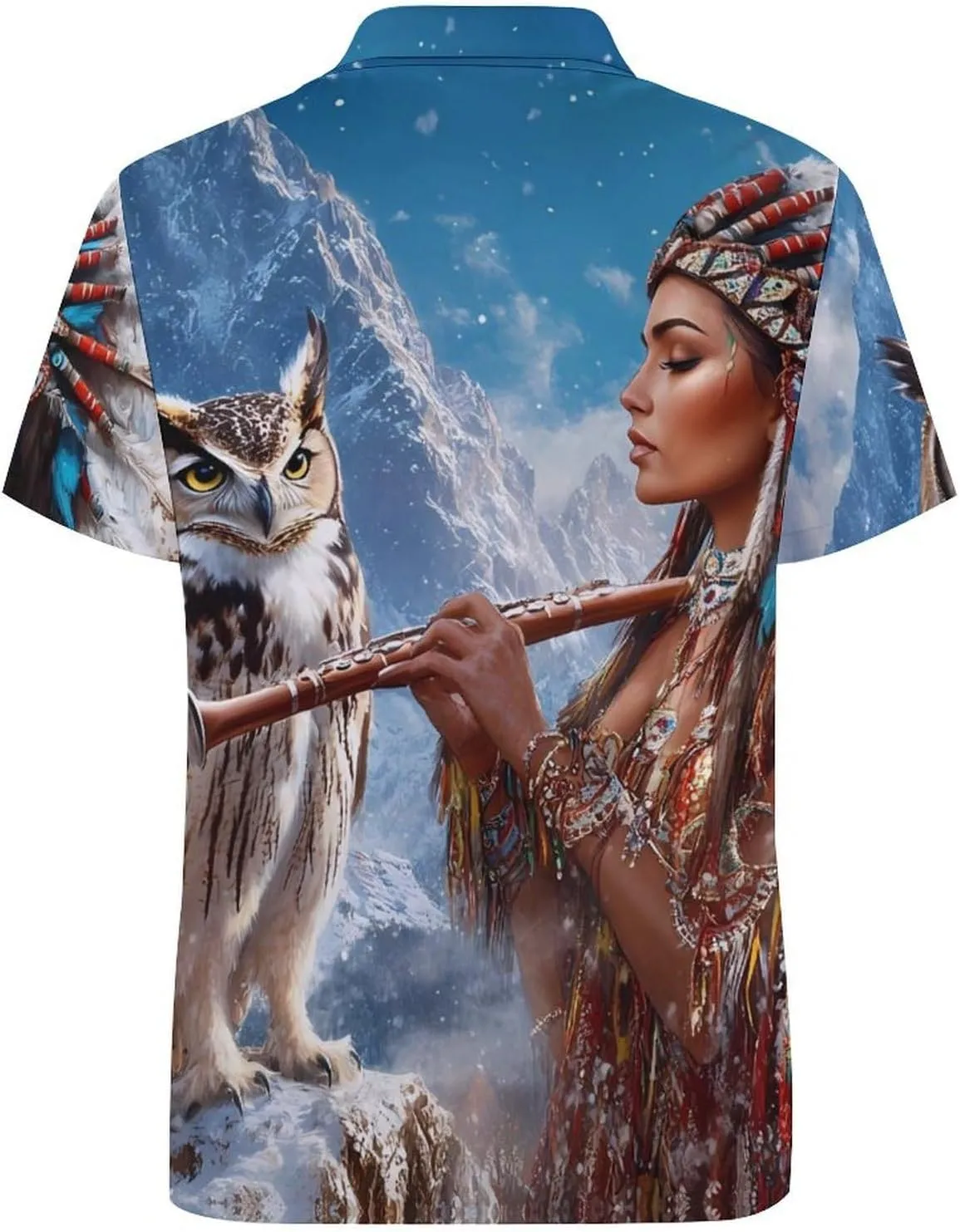 Native U.S. Indian Woman Flute Music Owl Slim Fit Men's Short Sleeve Polo Shirts Quick-Dry Breathable Golf T-Shirt Tops