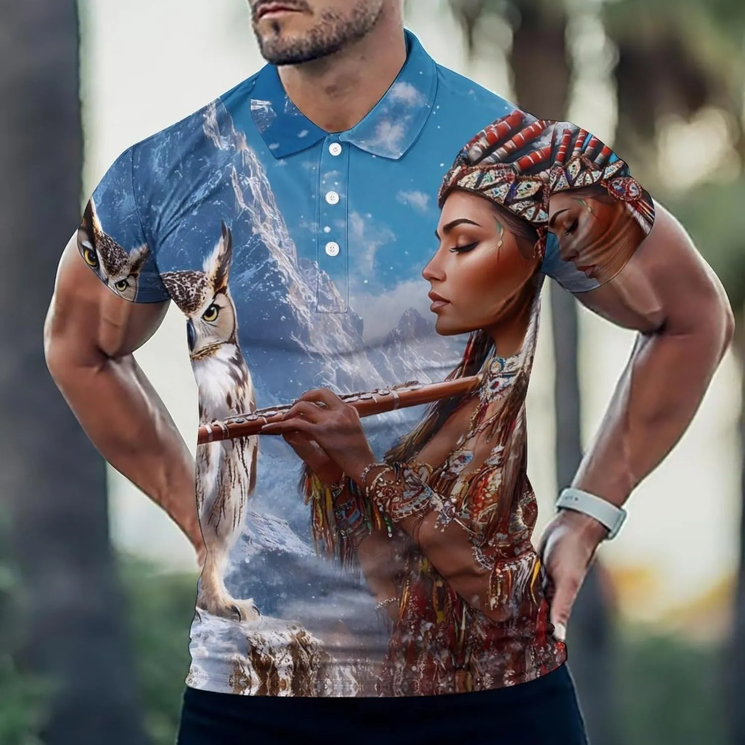 Native U.S. Indian Woman Flute Music Owl Slim Fit Men's Short Sleeve Polo Shirts Quick-Dry Breathable Golf T-Shirt Tops