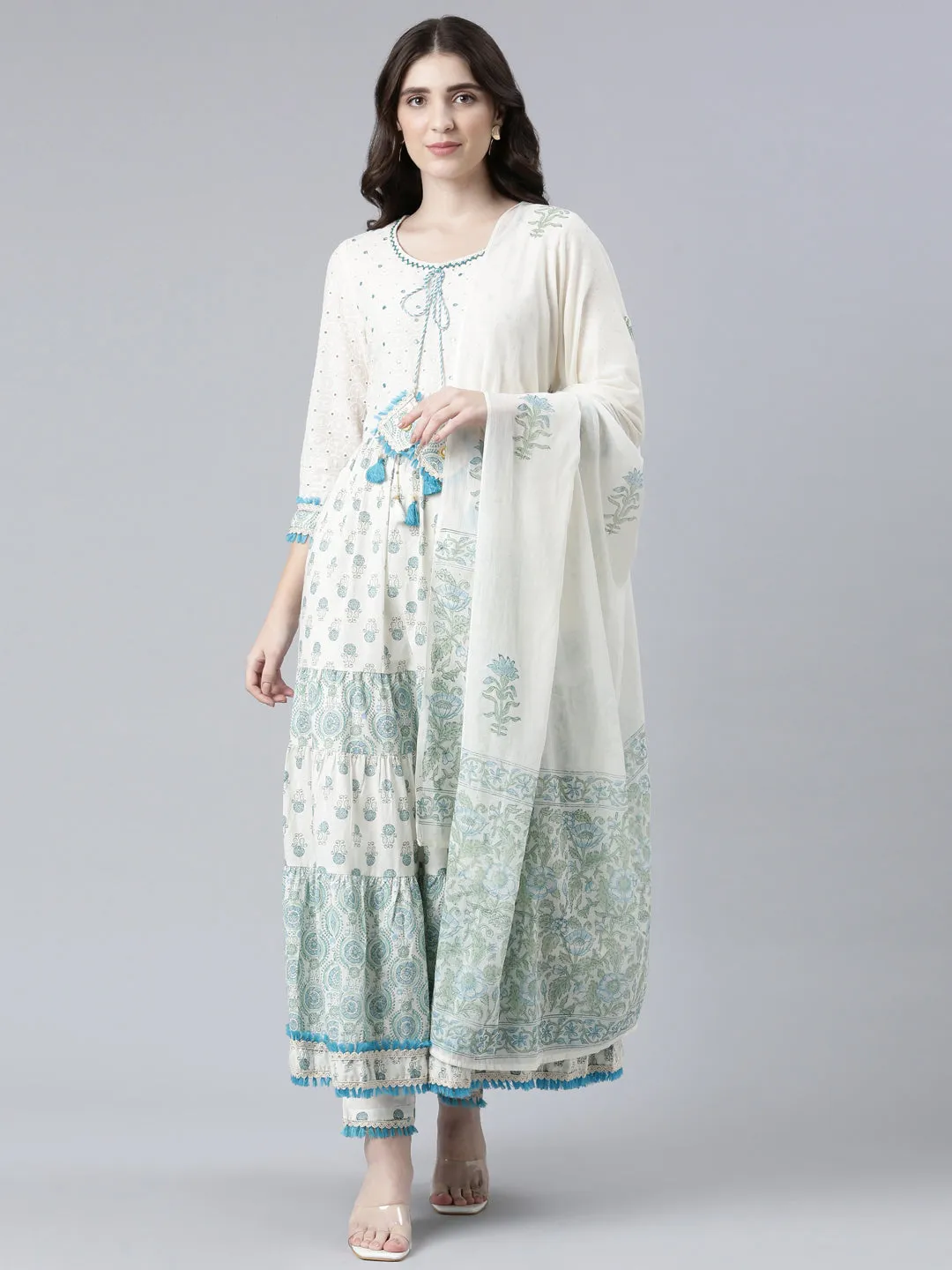 Neeru's Green Pleated Flared Printed Readymade suits