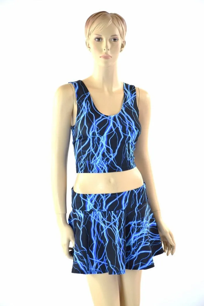 Neon Blue Lightning Crop & Skirt Set