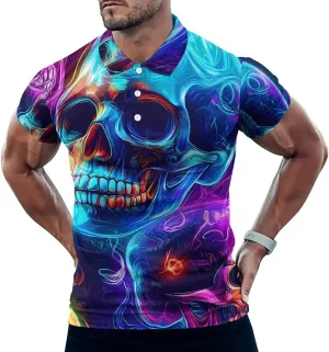 Neon Skulls Colorful Slim Fit Men's Short Sleeve Polo Shirts Quick-Dry Breathable Golf T-Shirt Tops