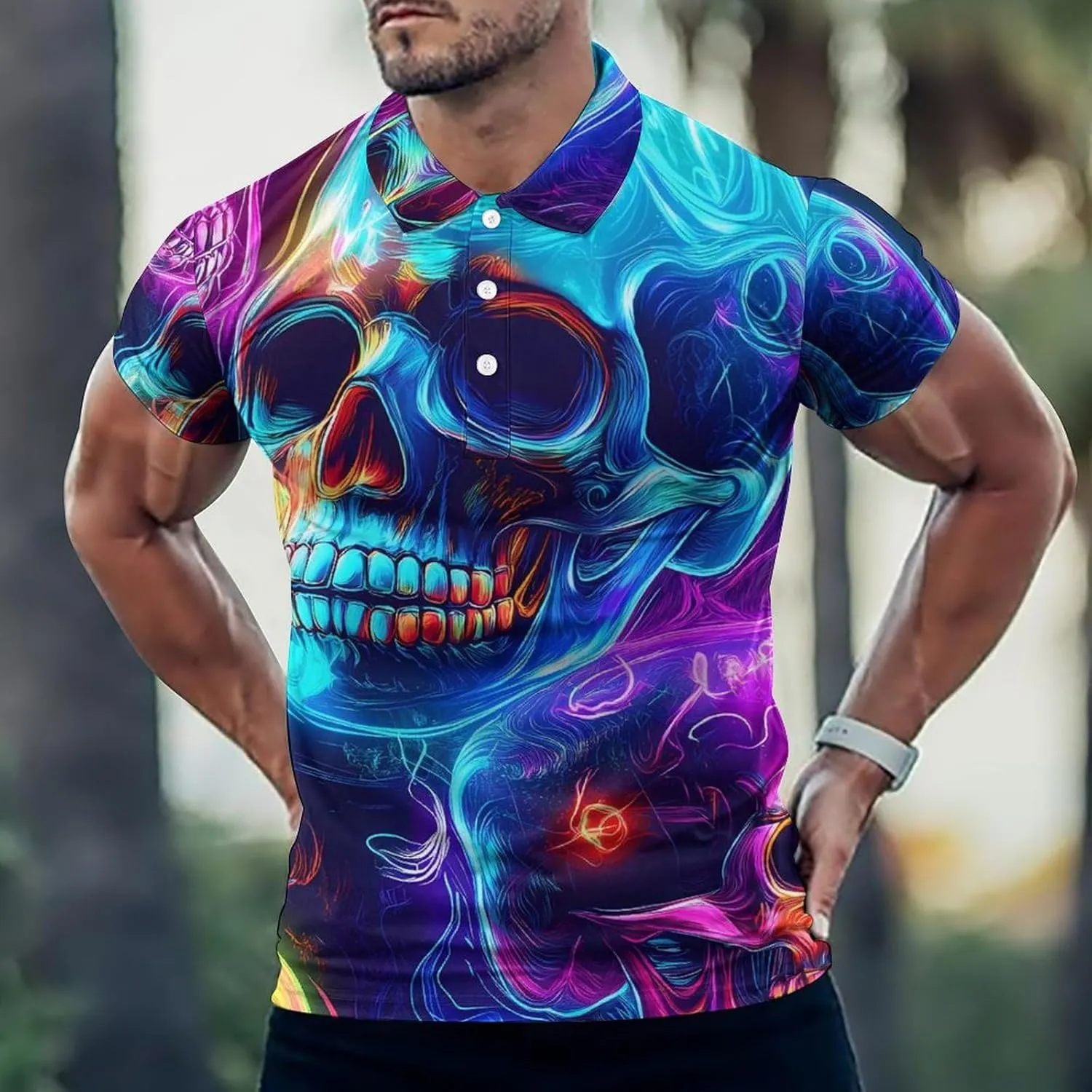 Neon Skulls Colorful Slim Fit Men's Short Sleeve Polo Shirts Quick-Dry Breathable Golf T-Shirt Tops