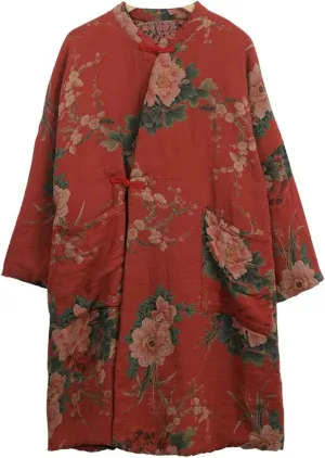 NFYM Women Cotton Jacket Kimono Soft Quilted Flower Printed Long Loose Outwear Coats with Pockets (as1, alpha, one_size, plus, regular, Red)