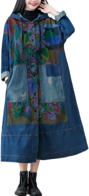 NFYM Women Vintage Printed Patchwork Long Denim Jacket Hooded Trench Coat Casual Loose Plus Size Jean Outerwear