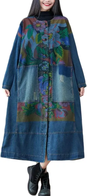 NFYM Women Vintage Printed Patchwork Long Denim Jacket Hooded Trench Coat Casual Loose Plus Size Jean Outerwear