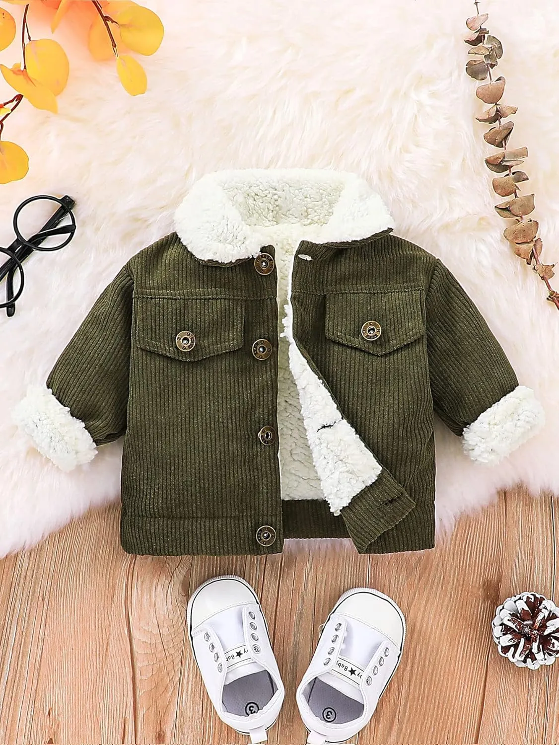 Noubeau Baby Boys Girls Corduroy Jacket Kids Toddler Sherpa Lined Top Lapel Button Down Thicked Warm Coat Winter Outerwear