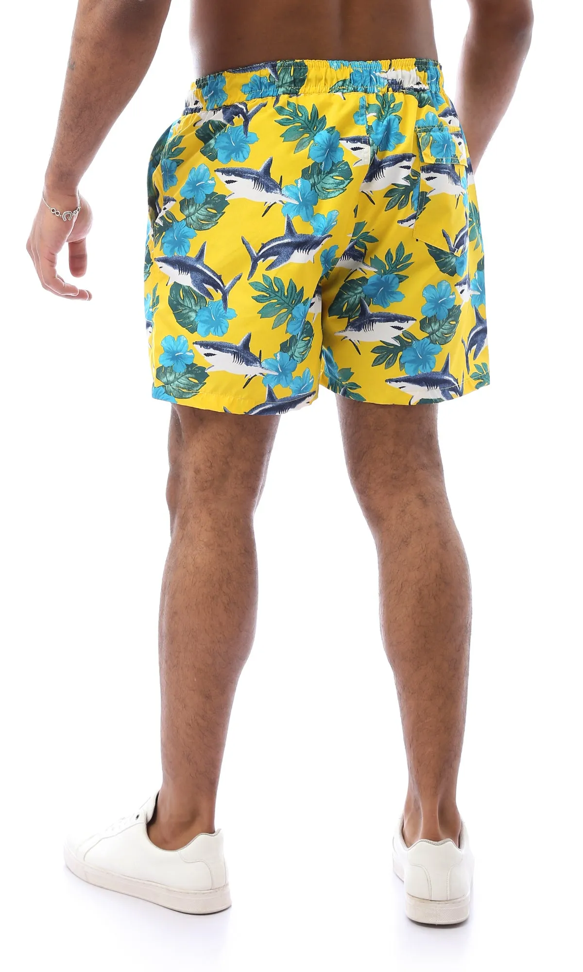 O167845 Shark & Tropical Plants Yellow & Blue Swim Shorts