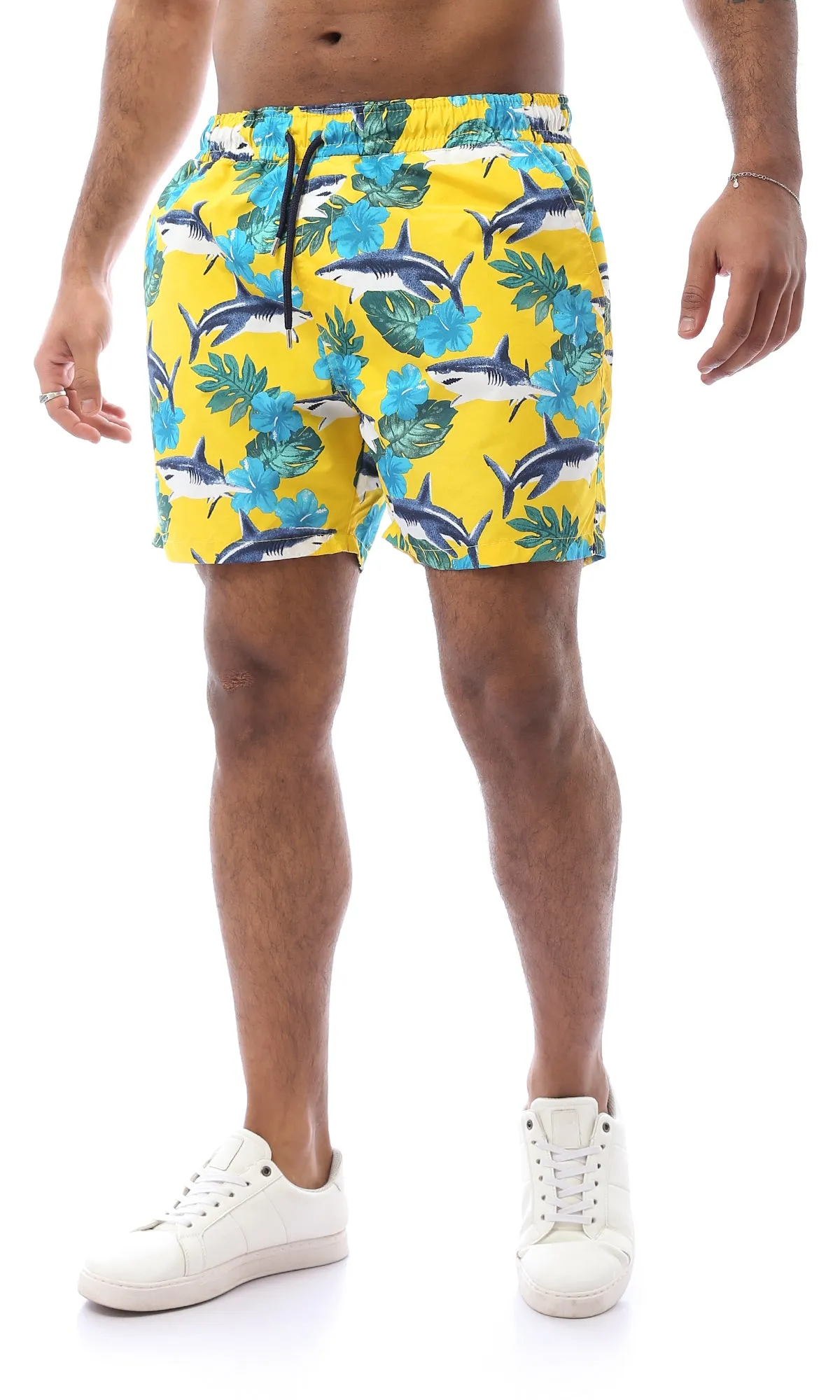 O167845 Shark & Tropical Plants Yellow & Blue Swim Shorts