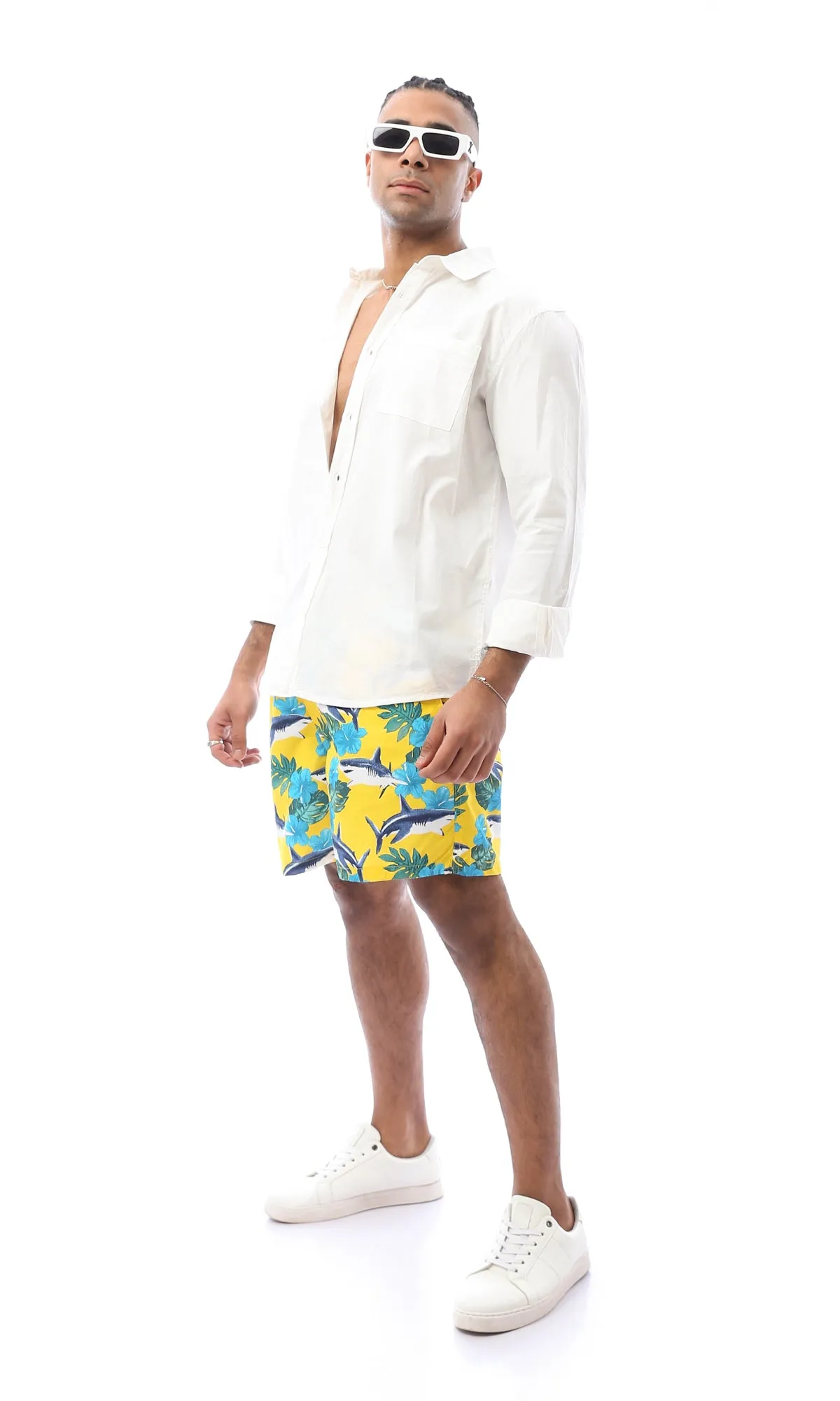O167845 Shark & Tropical Plants Yellow & Blue Swim Shorts
