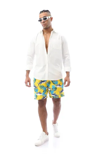 O167845 Shark & Tropical Plants Yellow & Blue Swim Shorts