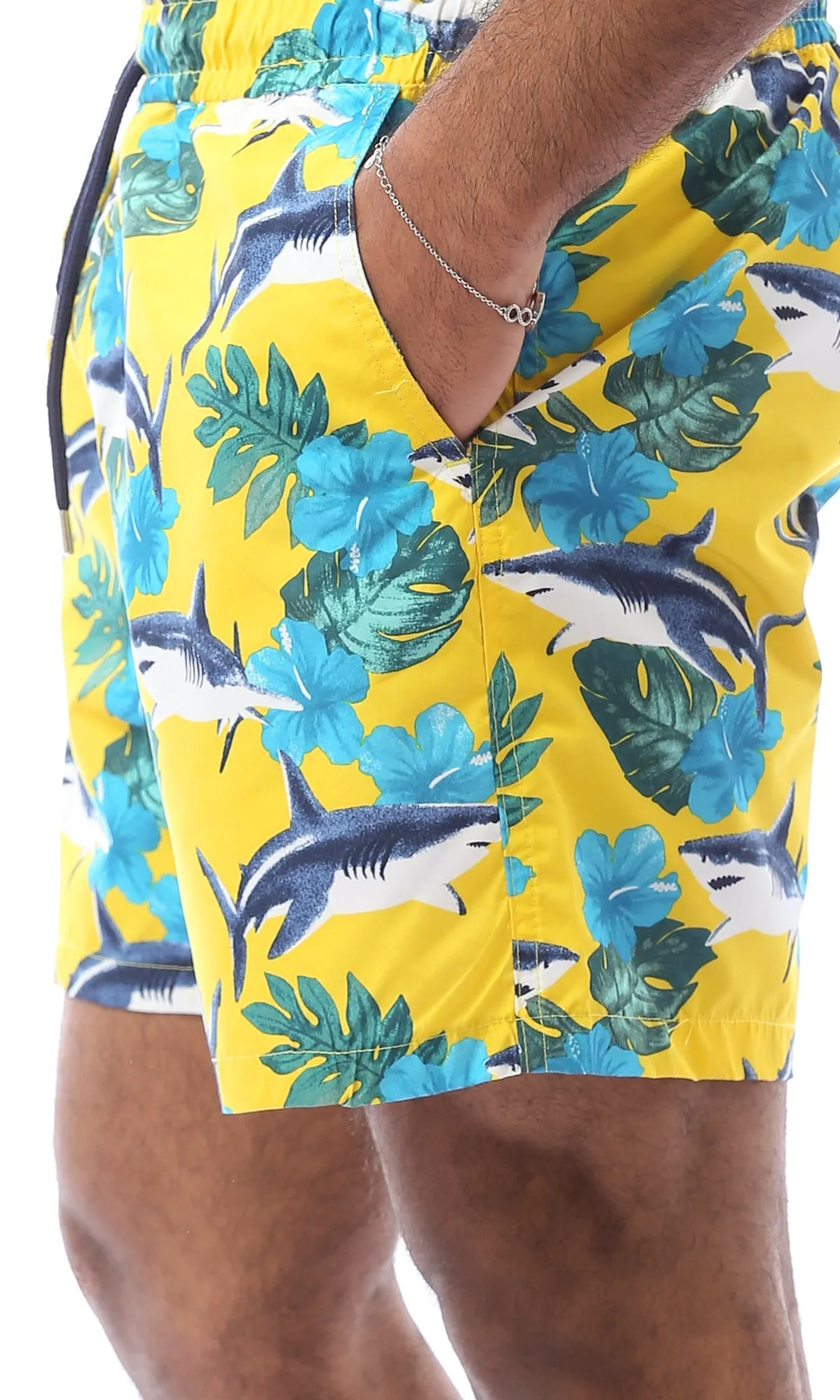 O167845 Shark & Tropical Plants Yellow & Blue Swim Shorts