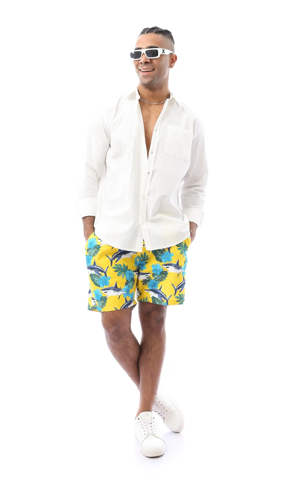 O167845 Shark & Tropical Plants Yellow & Blue Swim Shorts