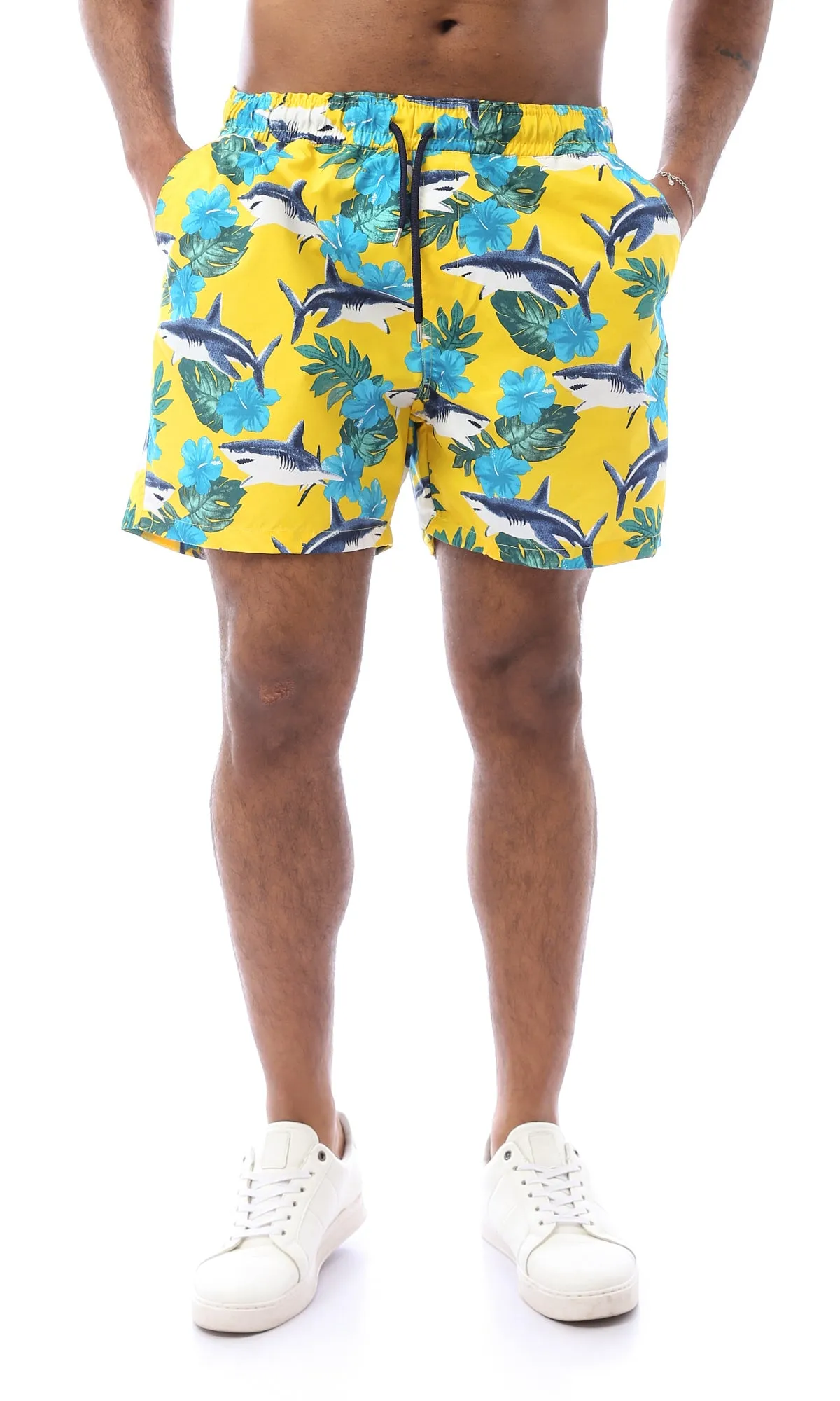 O167845 Shark & Tropical Plants Yellow & Blue Swim Shorts