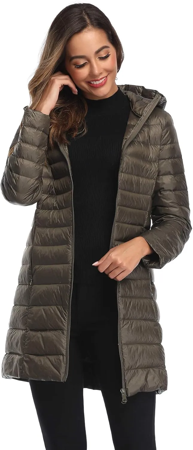 Obosoyo Women's Winter Packable Down Jacket Plus Size Ultralight Long Down Outerwear Puffer Jacket Hooded Coat