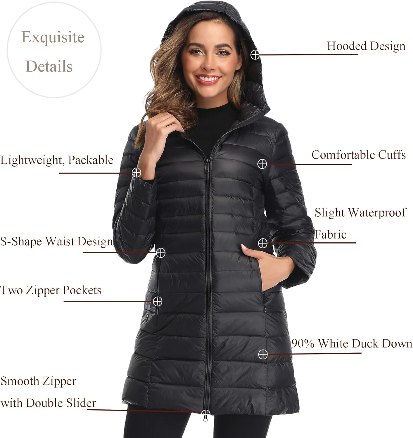 Obosoyo Women's Winter Packable Down Jacket Plus Size Ultralight Long Down Outerwear Puffer Jacket Hooded Coat