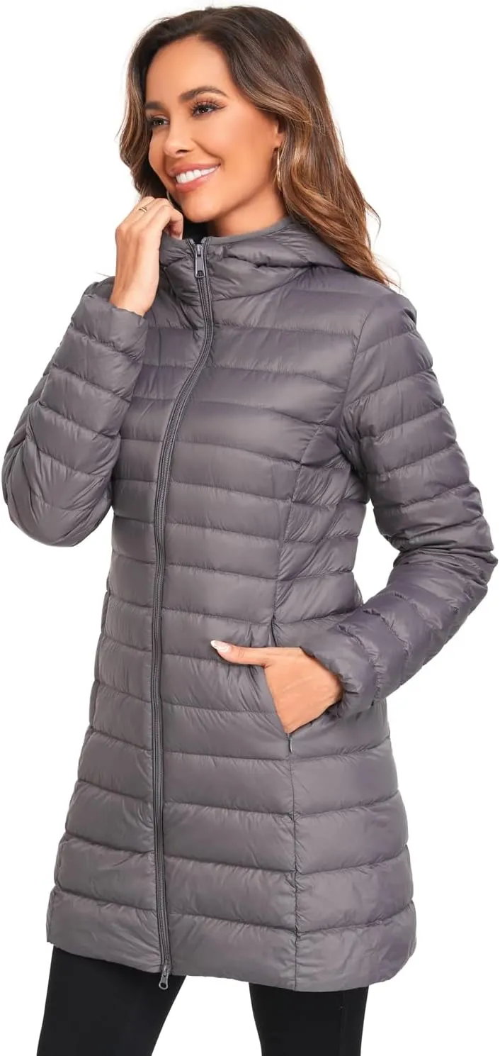 Obosoyo Women's Winter Packable Down Jacket Plus Size Ultralight Long Down Outerwear Puffer Jacket Hooded Coat