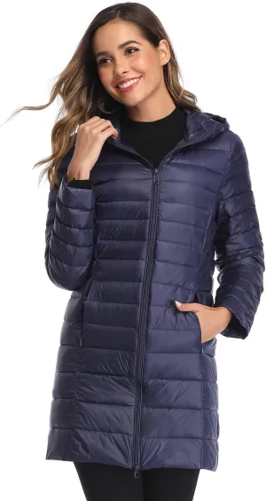 Obosoyo Women's Winter Packable Down Jacket Plus Size Ultralight Long Down Outerwear Puffer Jacket Hooded Coat