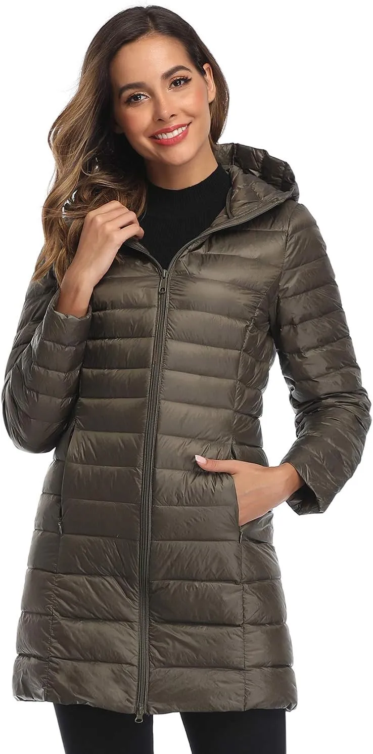 Obosoyo Women's Winter Packable Down Jacket Plus Size Ultralight Long Down Outerwear Puffer Jacket Hooded Coat