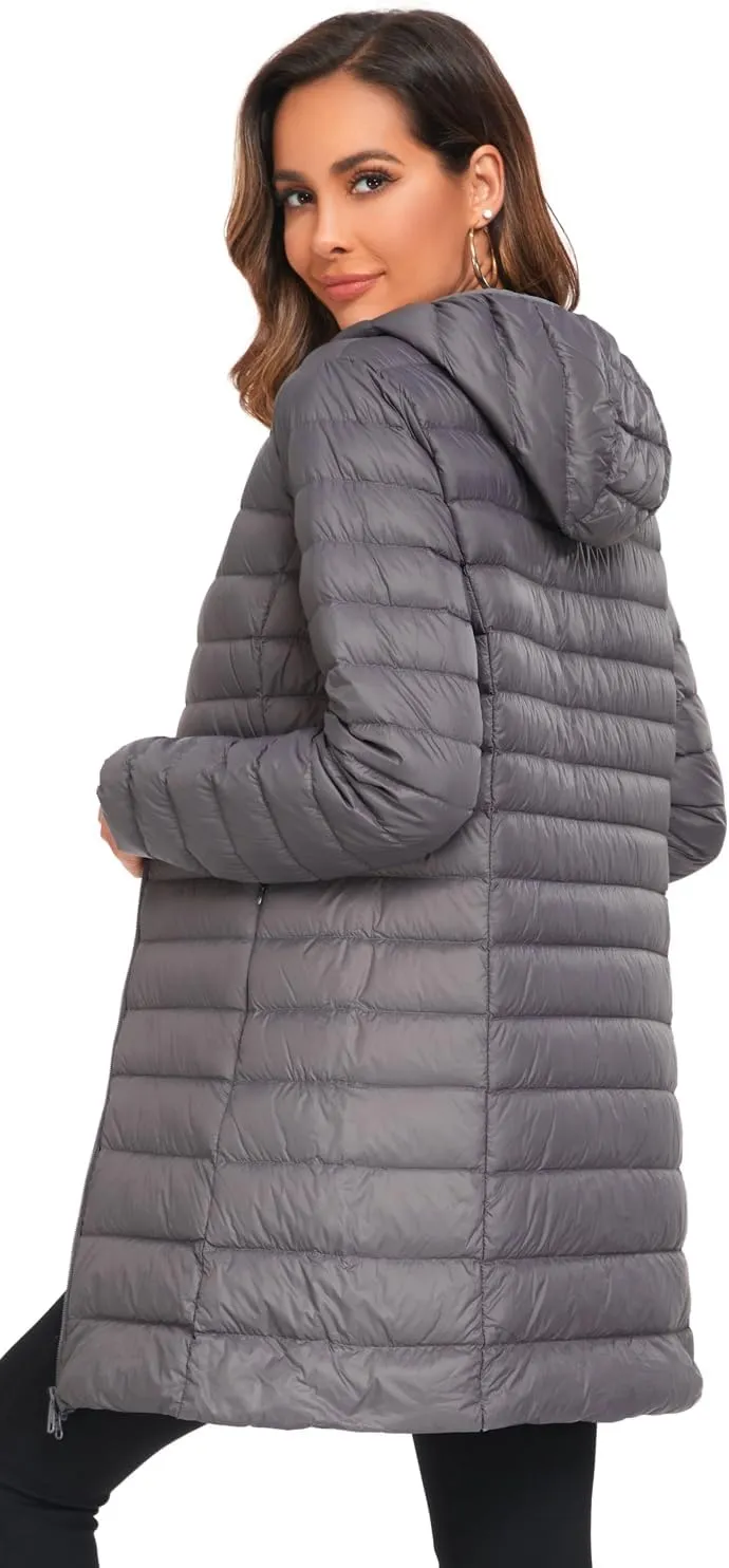 Obosoyo Women's Winter Packable Down Jacket Plus Size Ultralight Long Down Outerwear Puffer Jacket Hooded Coat