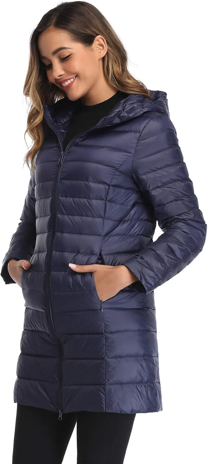 Obosoyo Women's Winter Packable Down Jacket Plus Size Ultralight Long Down Outerwear Puffer Jacket Hooded Coat