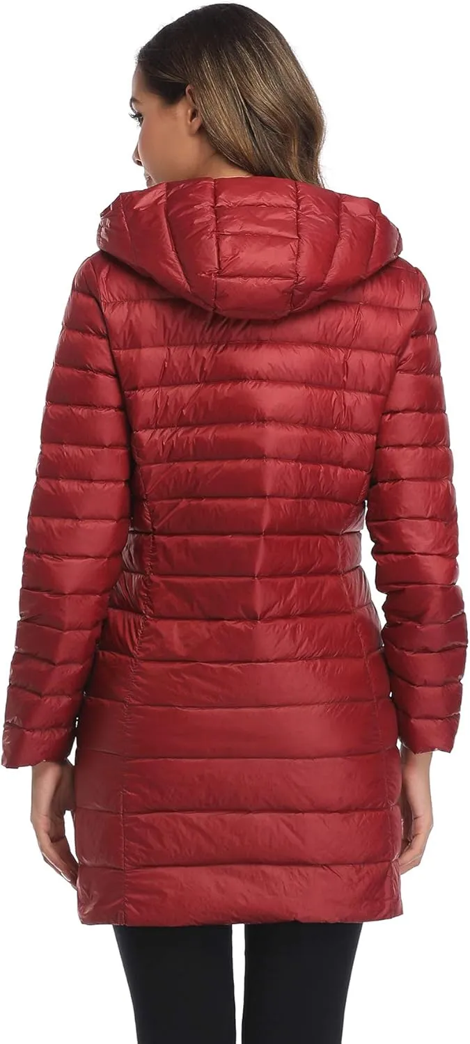 Obosoyo Women's Winter Packable Down Jacket Plus Size Ultralight Long Down Outerwear Puffer Jacket Hooded Coat
