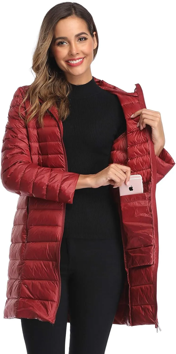 Obosoyo Women's Winter Packable Down Jacket Plus Size Ultralight Long Down Outerwear Puffer Jacket Hooded Coat