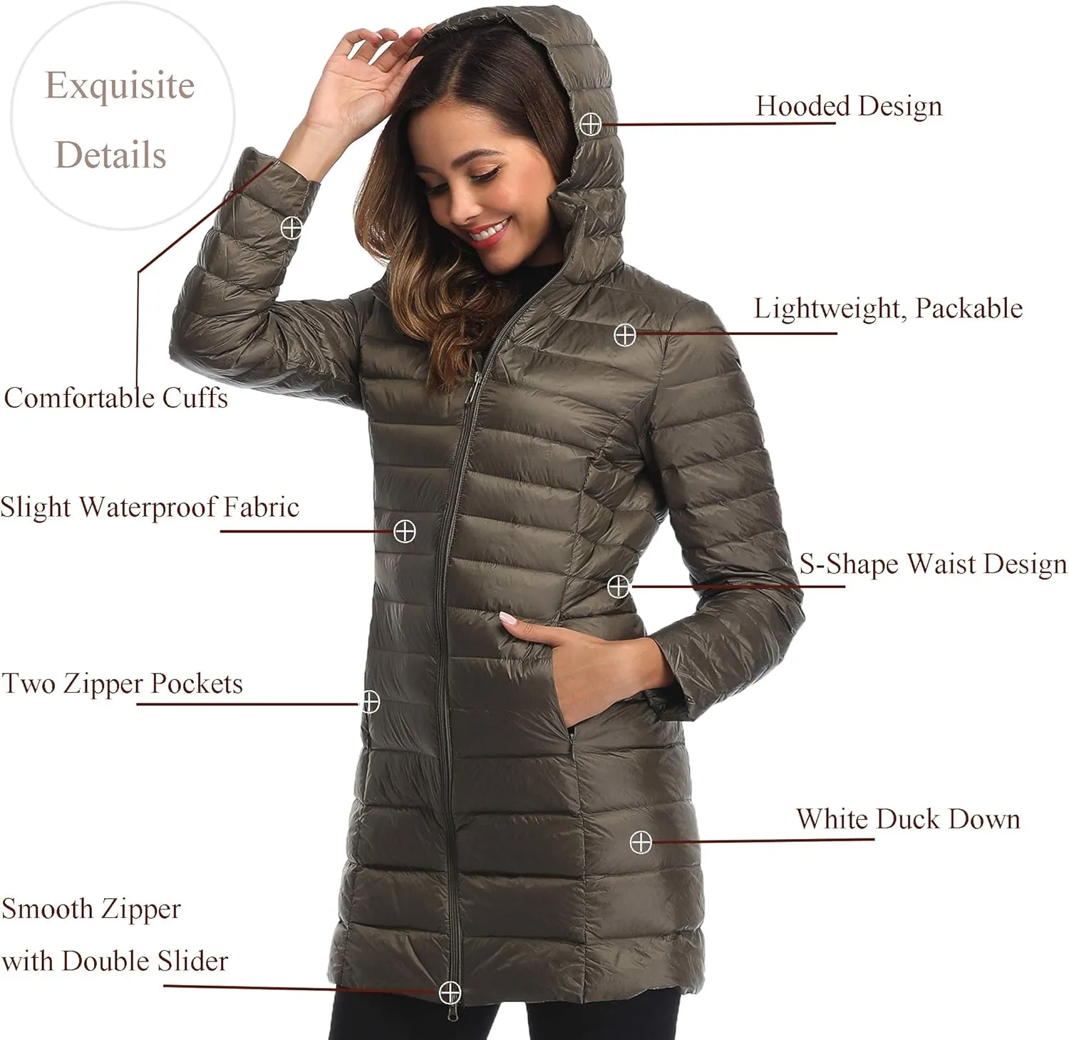 Obosoyo Women's Winter Packable Down Jacket Plus Size Ultralight Long Down Outerwear Puffer Jacket Hooded Coat
